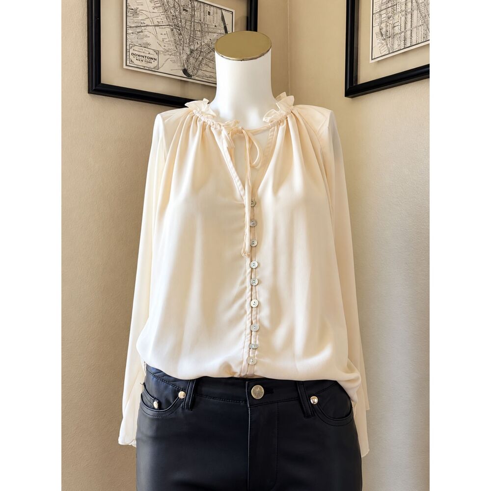 Parker Ivory Chiffon Ruffle Neck Tie Front Blouse Size Small